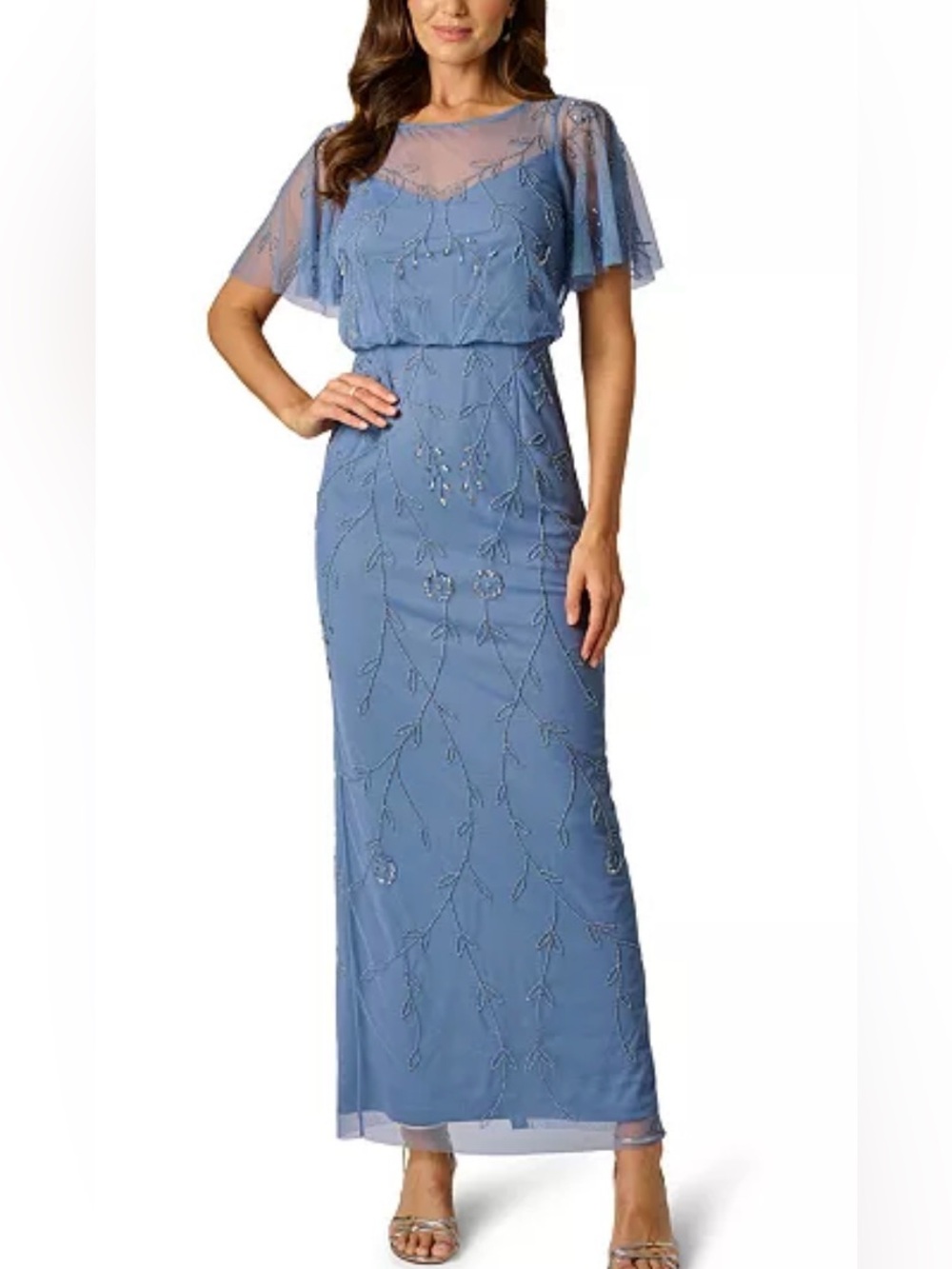Adrianna Papell Dusty Blue Beaded Maxi Dress
